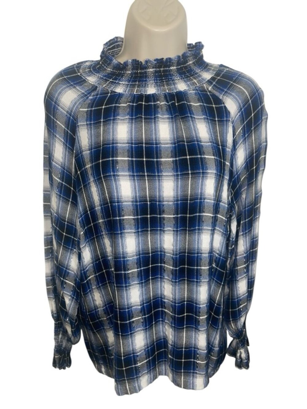 JANE AND DELANCEY Women's Size XS Blue Plaid Shimmer Smocked Neck Blouse